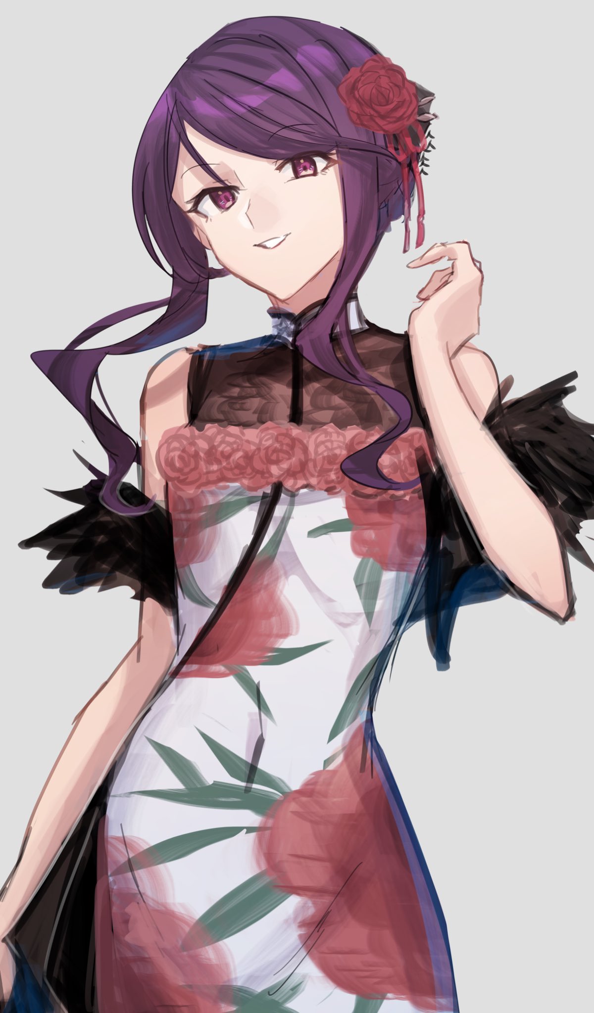 1girl aoki_shizumi dress floral_dress floral_print flower gundou_mirei hair_flower hair_ornament highres looking_at_viewer multicolored_clothes multicolored_dress nijisanji purple_hair red_dress red_flower red_rose rose smile solo teeth updo violet_eyes virtual_youtuber white_dress