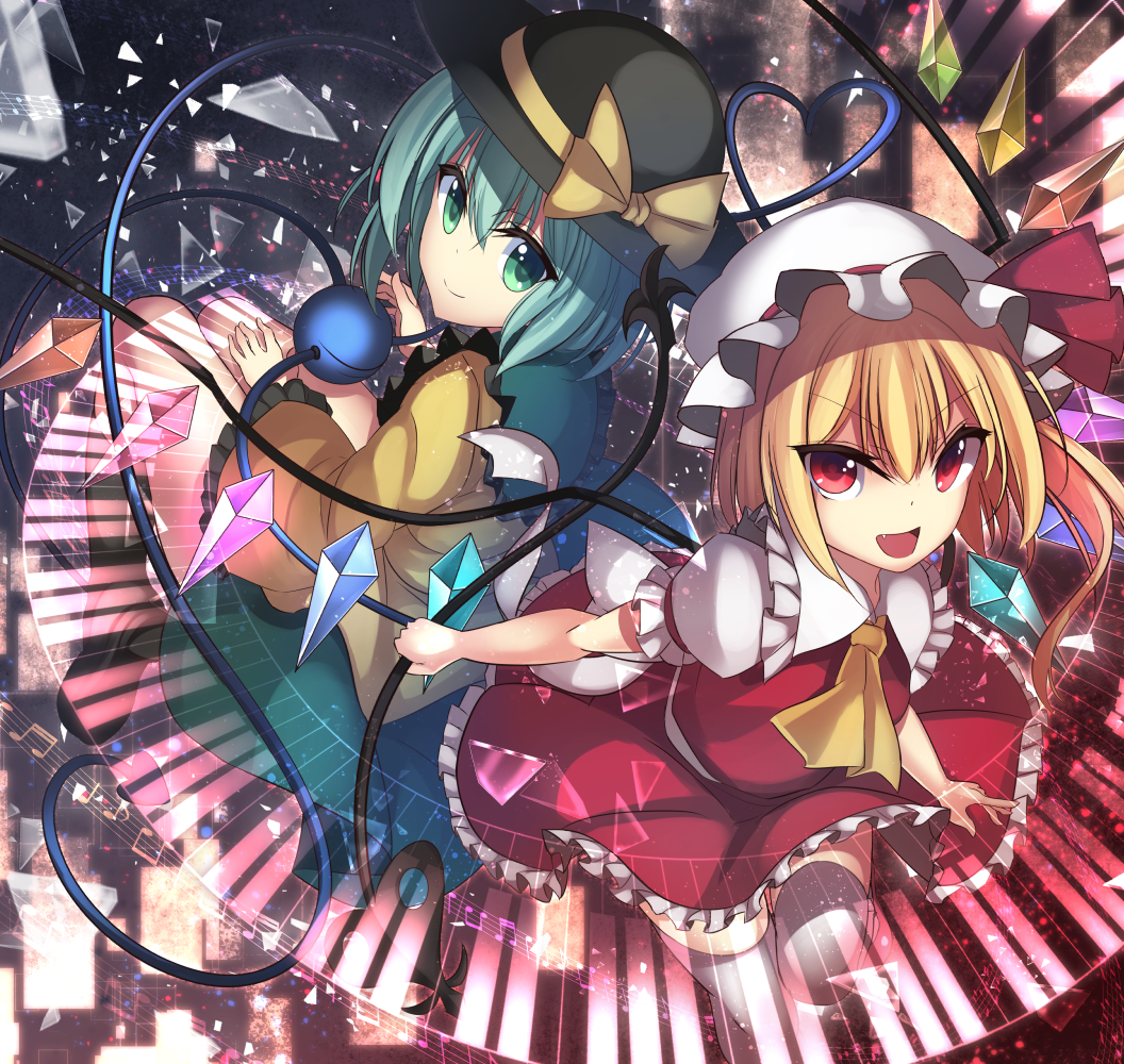 2girls ascot beamed_eighth_notes beamed_sixteenth_notes black_headwear black_thighhighs blonde_hair blouse bow closed_mouth collared_shirt crystal dark_background fang flandre_scarlet frilled_shirt_collar frilled_skirt frilled_sleeves frills green_eyes green_hair green_skirt hair_between_eyes hand_on_own_thigh hat hat_bow hat_ribbon heart heart_of_string holding holding_polearm holding_weapon holographic_keyboard janne_cherry komeiji_koishi laevatein_(touhou) light_smile long_sleeves looking_at_viewer multicolored_wings multiple_girls musical_note one_side_up open_mouth polearm puffy_short_sleeves puffy_sleeves quarter_note red_eyes red_ribbon red_skirt red_vest ribbon ribbon-trimmed_headwear ribbon_trim shattered shirt short_sleeves skirt skirt_set sleeve_ribbon staff_(music) thigh-highs third_eye touhou v-shaped_eyebrows vest weapon white_headwear white_shirt wings yellow_ascot yellow_bow yellow_ribbon yellow_shirt zettai_ryouiki