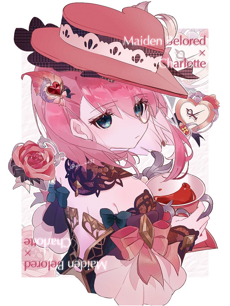 1girl alternate_costume back bow charlotte_(anime) charlotte_(genshin_impact) cup detached_sleeves dress feather_hair_ornament feathers flower from_behind genshin_impact hair_ornament heart heart_hair_ornament holding holding_cup monocle pink_flower pink_hair pink_headwear pink_rose puffy_detached_sleeves puffy_sleeves rose solo strapless strapless_dress teacup watch white_background yu_no72