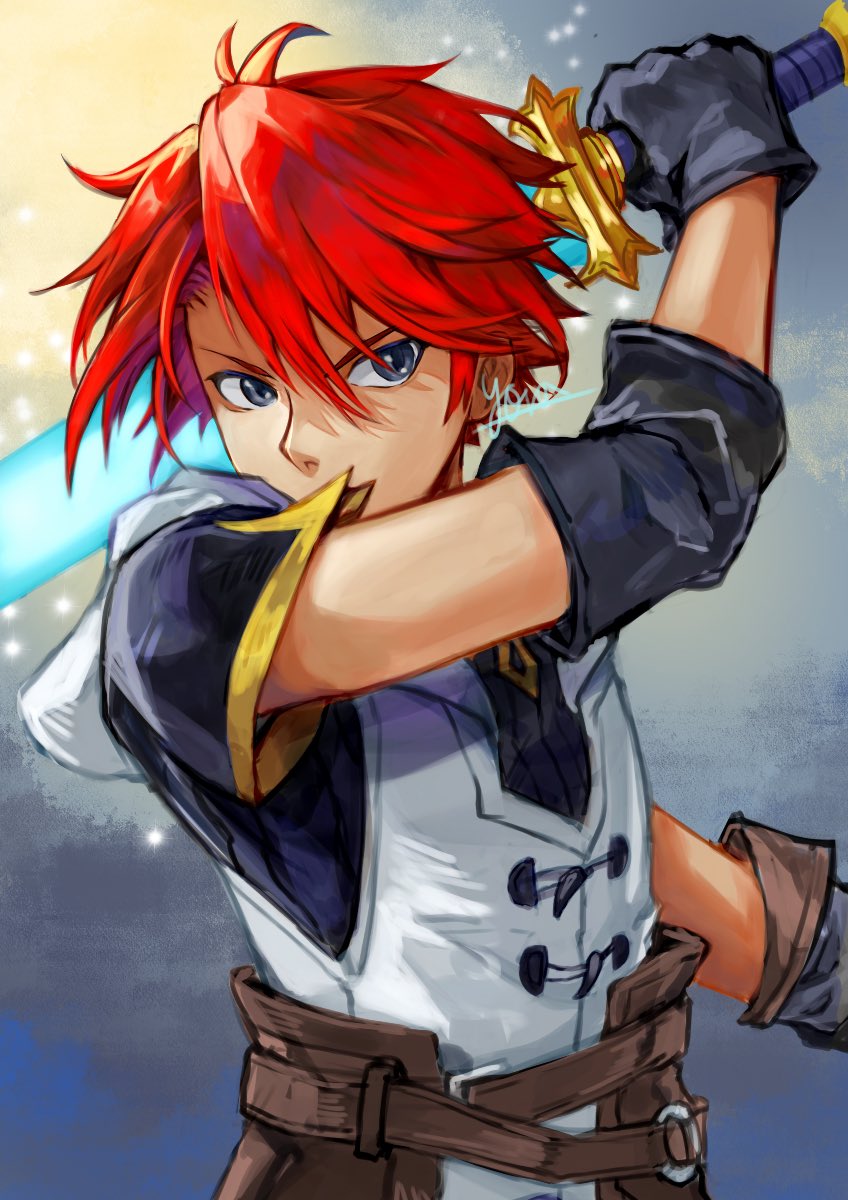 1boy adol_christin black_gloves blue_eyes curtained_hair gloves hair_between_eyes highres holding holding_sword holding_weapon hood hood_down hoodie looking_at_viewer redhead short_sleeves signature solo swept_bangs sword upper_body weapon yora ys ys_x_nordics