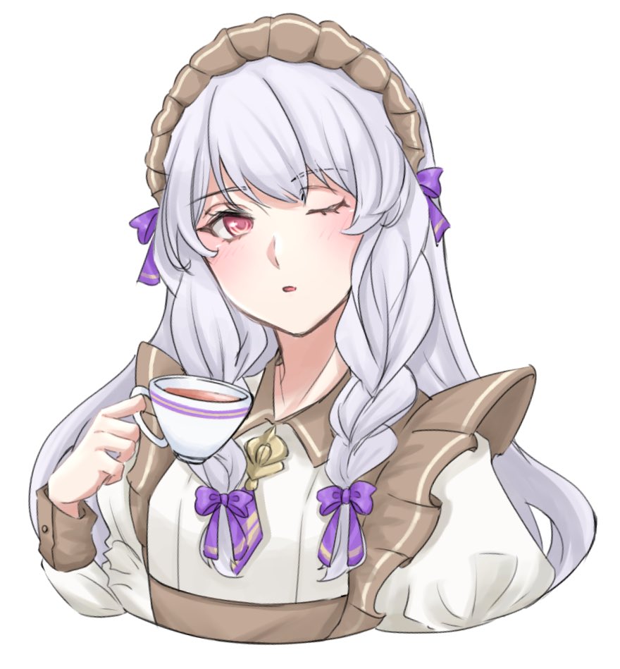 1girl apron bow braid commentary_request cup fire_emblem fire_emblem:_three_houses fire_emblem_heroes grey_apron hair_bow holding holding_cup juliet_sleeves long_hair long_sleeves looking_at_viewer lysithea_von_ordelia maid maid_headdress official_alternate_costume one_eye_closed parted_lips pink_eyes puffy_sleeves purple_bow sayaka_(fe_uma274) solo teacup twin_braids very_long_hair white_hair