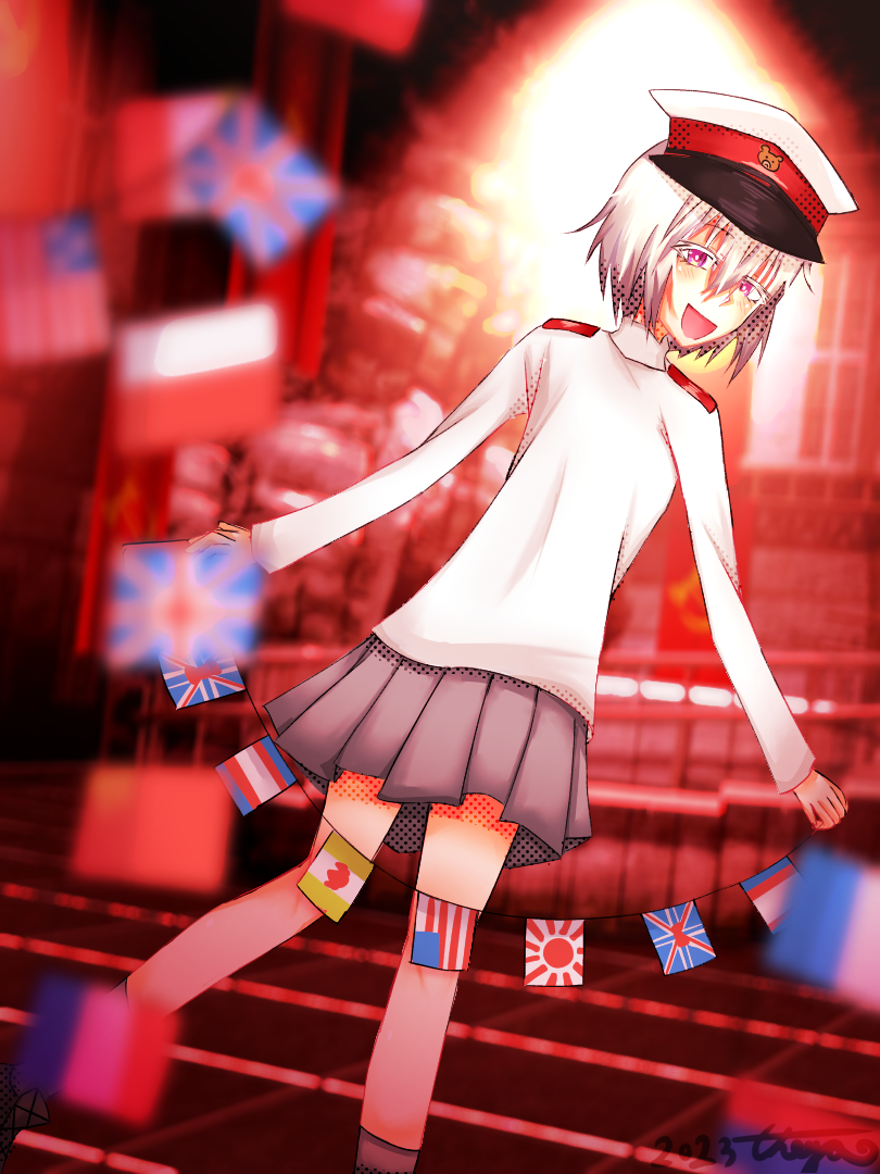 evil_smile flags_of_all_nations grey_skirt looking_at_viewer military_uniform miniskirt my_little_dictator non-web_source red_eyes self-upload shirt skirt smile string_of_flags turning_head uniform video_game white_hair white_headwear white_shirt