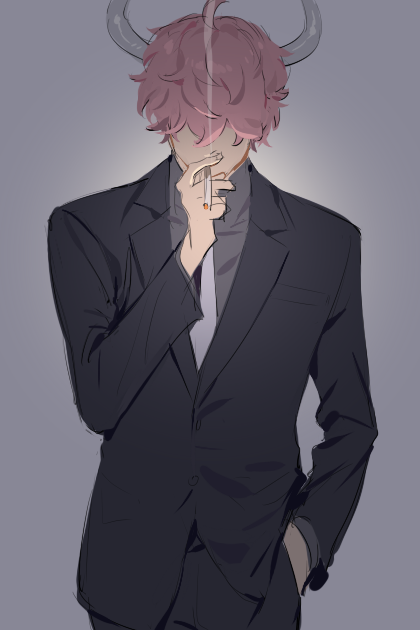 1boy black_jacket black_pants cigarette grey_background grey_shirt hair_over_eyes hand_in_pocket horns jacket male_focus necktie one_piece pants pink_hair raine_(acke2445) shirt short_hair smoke solo upper_body white_horns who's_who_(one_piece)