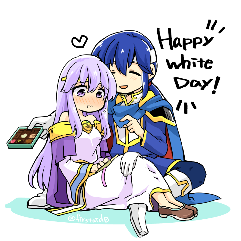 1boy 1girl blue_cape blue_hair blush box box_of_chocolates brother_and_sister cape chocolate closed_eyes dress eating fire_emblem fire_emblem:_genealogy_of_the_holy_war headband holding julia_(fire_emblem) long_hair ponytail purple_hair seliph_(fire_emblem) siblings simple_background sitting violet_eyes white_headband yukia_(firstaid0)
