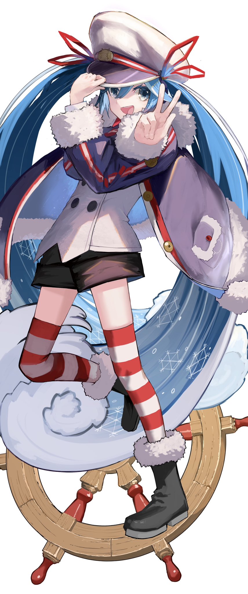1girl black_coat black_footwear black_shorts blue_eyes blue_hair boots buttons coat crossed_arms double-breasted full_body fur-trimmed_boots fur-trimmed_coat fur-trimmed_sleeves fur_trim hair_ribbon hand_on_headwear hat hatsune_miku highres jacket long_hair looking_to_the_side midair military_uniform naval_uniform open_mouth peaked_cap pocket red_ribbon red_thighhighs ribbon ship's_wheel shorts smile snowflake_print solo striped striped_sleeves striped_thighhighs teeth thigh-highs toriatamastudio twintails uniform upper_teeth_only v vertical-striped_sleeves very_long_hair vocaloid wavy_hair white_background white_headwear white_jacket white_thighhighs yuki_miku yuki_miku_(2022)