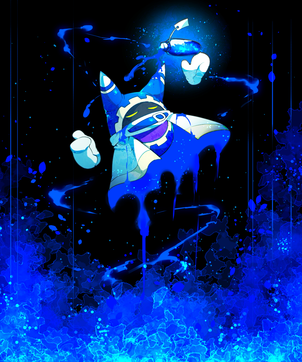 1boy animal_ears belt belt_buckle belt_collar black_background blue_background blue_belt blue_cape blue_hood bottle buckle cape closed_eyes collar commentary_request covered_mouth disembodied_limb dripping falling gear_print gloves glowing highres kirby_(series) magolor no_humans paint_splatter petals reaching scarf shirushiki solo tag two-sided_cape two-sided_fabric two-tone_background white_cape white_gloves white_scarf