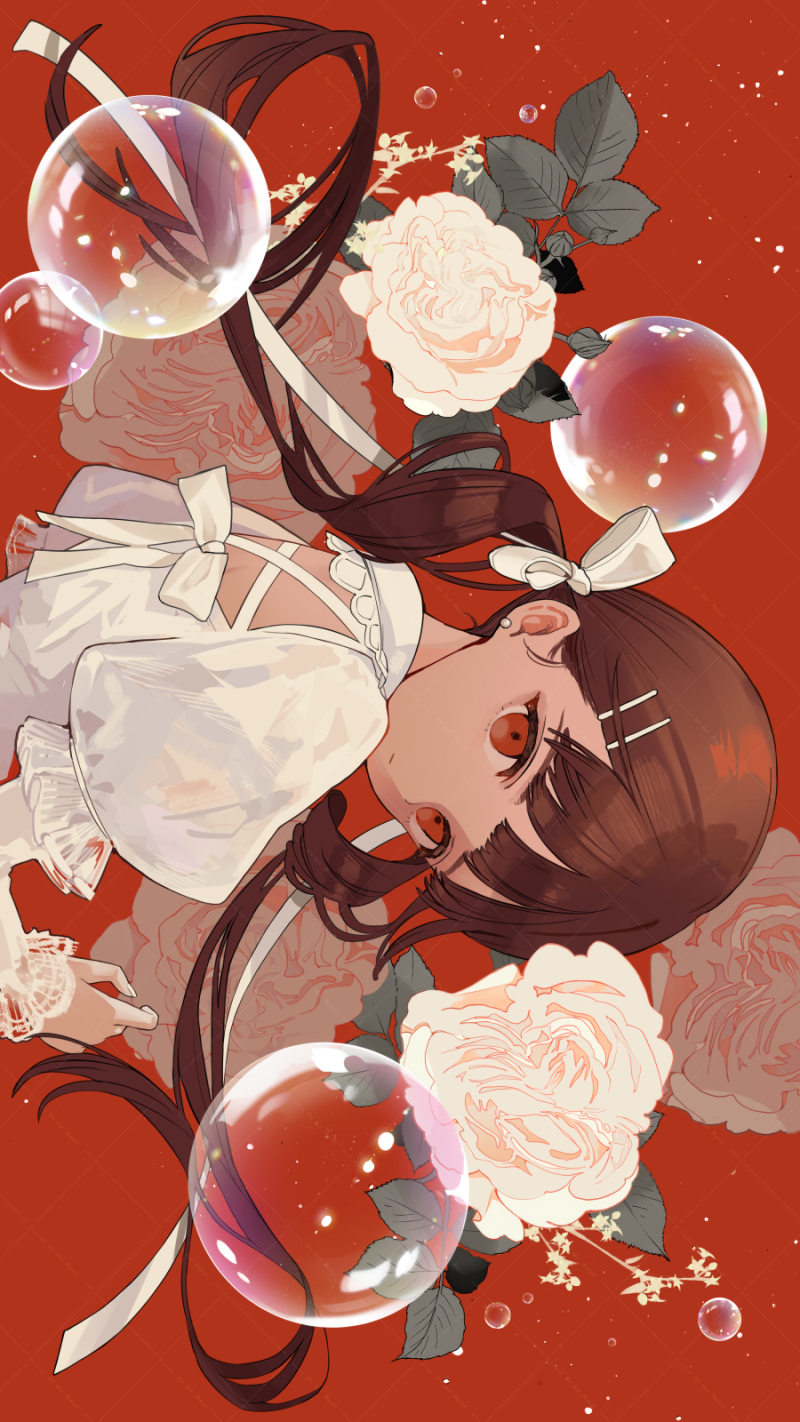 1girl back bow brown_hair bubble commentary dress_bow ear_piercing flower frills from_behind hair_ornament hair_ribbon hairpin highres kashiwagi_chisame long_hair long_sleeves looking_at_viewer looking_back low_twintails original piercing puffy_sleeves red_background red_eyes ribbon rose shirt simple_background solo straight_hair tareme twintails upper_body white_bow white_flower white_ribbon white_rose white_shirt
