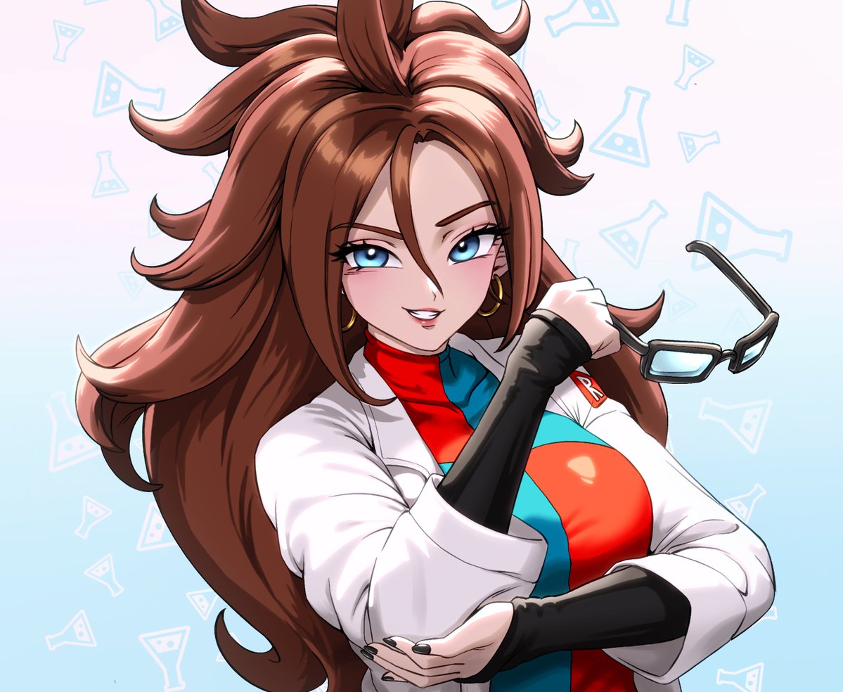 android_21 blue_dress brown_hair checkered_clothes dragon_ball dragon_ball_fighterz dress earrings glasses holding holding_removed_eyewear hoop_earrings jewelry lab_coat lipstick long_hair looking_at_viewer makeup pea-bean red_dress smile tagme unworn_eyewear