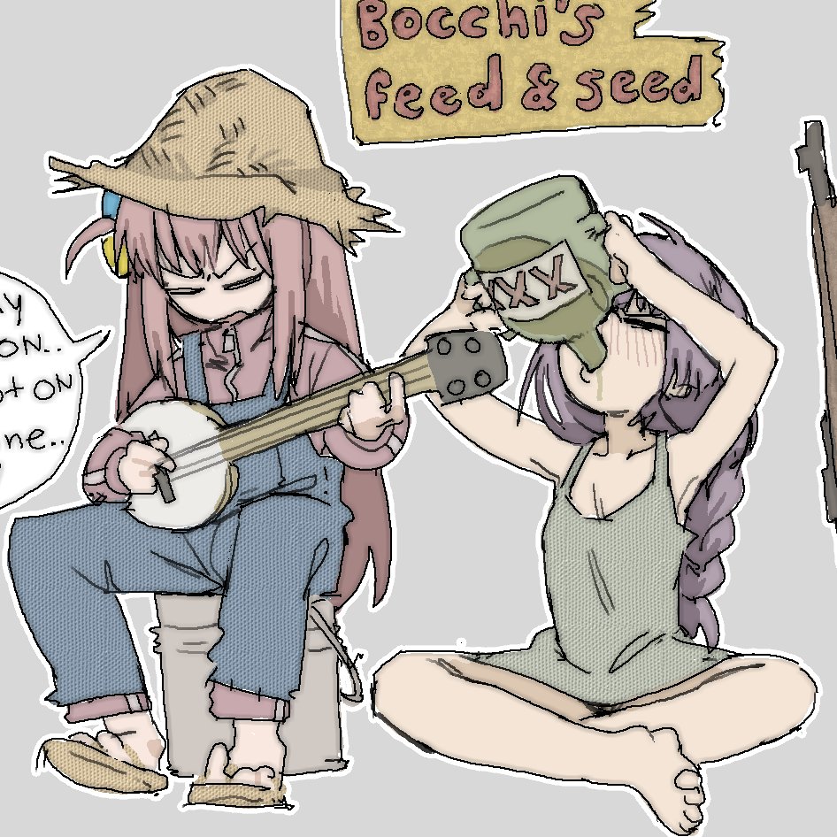 2girls alcohol banjo barefoot blue_overalls bocchi_the_rock! cube_hair_ornament dress drinking gotoh_hitori green_dress gun hair_ornament hat hiroi_kikuri instrument jacket meme multiple_girls music one_side_up overalls pants pantsu-ripper pink_hair pink_pants pink_track_suit playing_instrument purple_hair rifle sandals sneed's_feed_and_seed_(meme) speech_bubble straw_hat track_jacket weapon