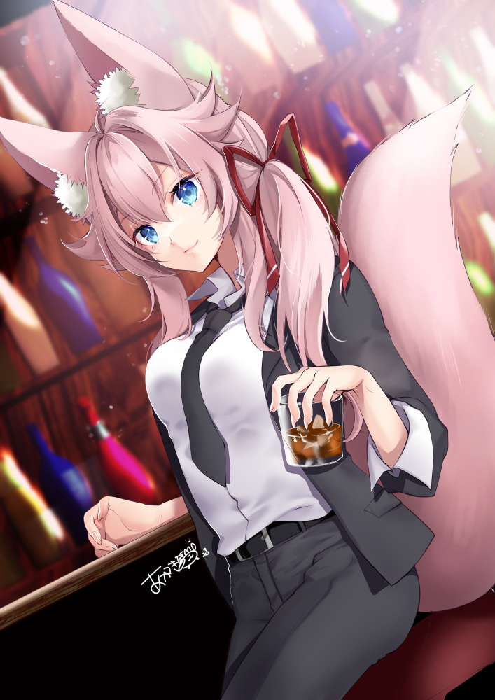 1girl akatsuki_hijiri animal_ear_fluff animal_ears between_breasts black_jacket black_necktie black_pants blue_eyes breasts closed_mouth commentary commission cowboy_shot double-parted_bangs dutch_angle eyelashes fox_ears fox_girl fox_tail hair_between_eyes hair_ribbon indie_virtual_youtuber indoors jacket kwando lips long_hair long_sleeves looking_at_viewer medium_breasts necktie necktie_between_breasts open_clothes open_jacket pants pink_hair red_ribbon ribbon sidelocks signature sitting skeb_commission smile solo tail tail_raised twintails virtual_youtuber