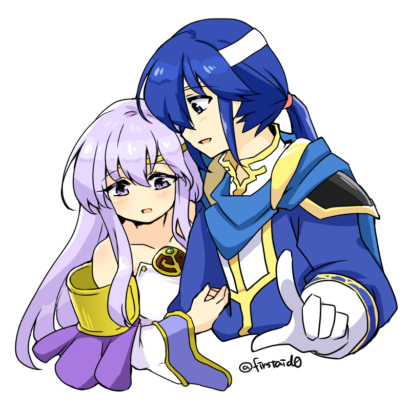 1boy 1girl blue_hair brother_and_sister circlet dress fire_emblem fire_emblem:_genealogy_of_the_holy_war gloves headband holding julia_(fire_emblem) long_hair open_mouth pointing ponytail purple_hair seliph_(fire_emblem) siblings simple_background violet_eyes white_gloves white_headband yukia_(firstaid0)