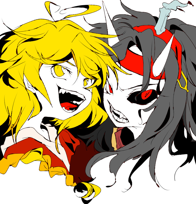 2others androgynous antenna_hair black_sclera blonde_hair braid candle chinese_commentary colored_sclera colored_skin fangs grey_hair headband heart_antenna_hair horns korean_commentary len'en ling_s long_hair mismatched_sclera multiple_others no_nose ooama_no_ake_no_mitori open_mouth other_focus red_eyes red_headband simple_background smile taira_no_chouki white_background white_skin yellow_eyes