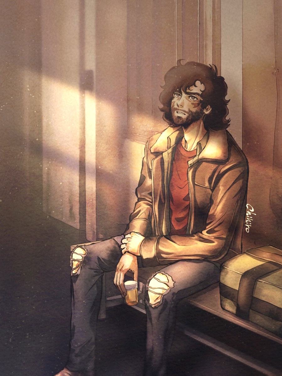 1boy artist_name beard bench brown_hair brown_jacket chihiro_(jnkch6) facial_hair indoors jacket joe_(megalo_box) male_focus megalo_box pants pill_bottle red_shirt scar scar_on_face shadow shirt sitting solo torn_clothes torn_pants