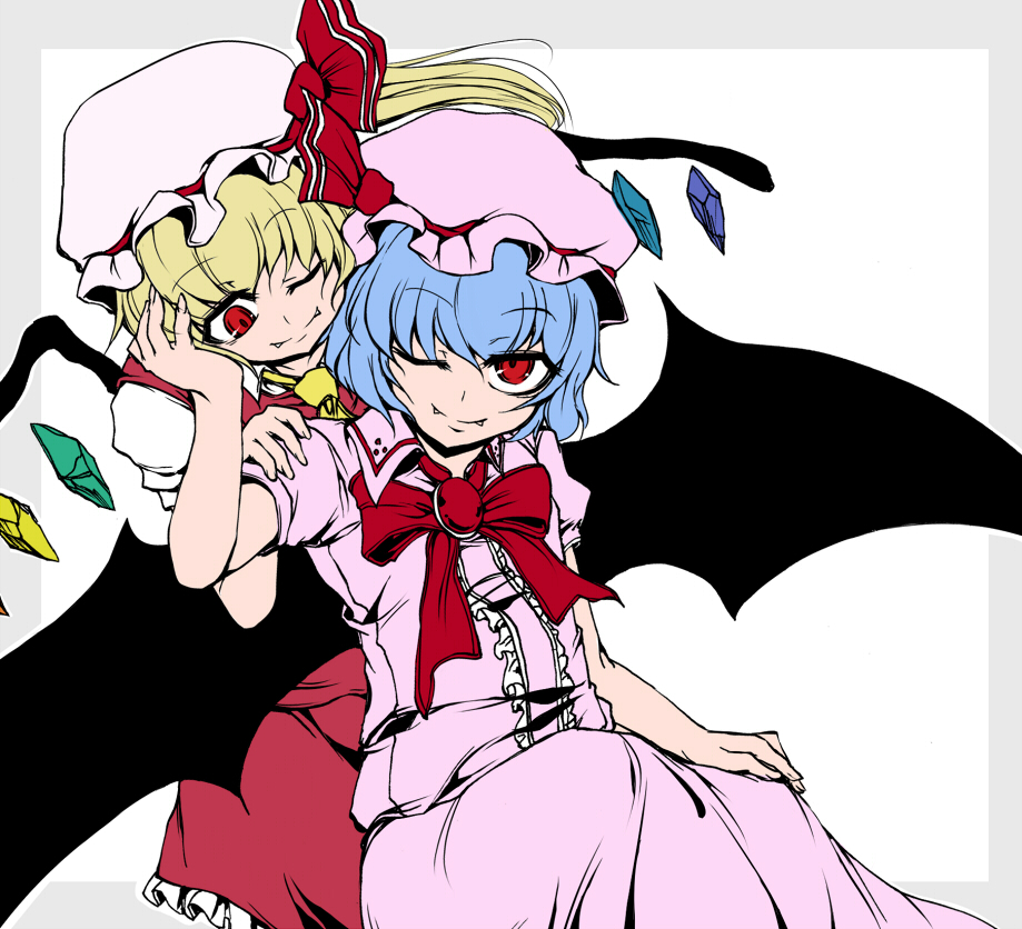 2girls ascot bat_wings blonde_hair blue_hair border bow bowtie breasts brooch center_frills closed_mouth collared_shirt crystal fangs fangs_out flandre_scarlet frilled_skirt frills grey_border hand_on_another's_face hat hat_ribbon jewelry kiyoichi_(acacia_soukyoukai) looking_at_another medium_hair mob_cap multicolored_wings multiple_girls one_side_up pink_headwear pink_shirt pink_skirt puffy_short_sleeves puffy_sleeves red_bow red_bowtie red_brooch red_eyes red_ribbon red_skirt red_vest remilia_scarlet ribbon ribbon-trimmed_headwear ribbon_trim shirt short_sleeves siblings simple_background sisters skirt skirt_set small_breasts touhou vest white_background white_headwear white_shirt wings yellow_ascot