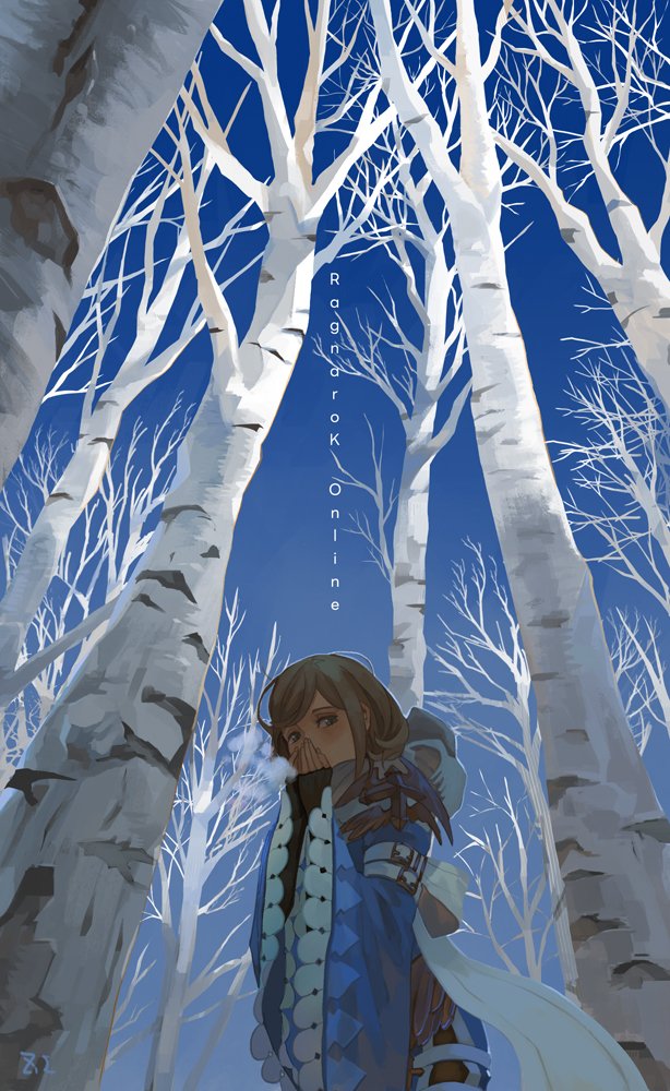 1girl arm_belt bare_tree belt birch_tree black_gloves blonde_hair blue_dress blue_sky breath breathing_on_hands cardinal_(ragnarok_online) cold commentary copyright_name dated_commentary dress fake_wings fingerless_gloves forest frilled_sleeves frills gloves golden_wings looking_at_viewer medium_bangs nature outdoors own_hands_together ragnarok_online short_hair sky solo swept_bangs tree upper_body white_belt wide_sleeves wings z.i