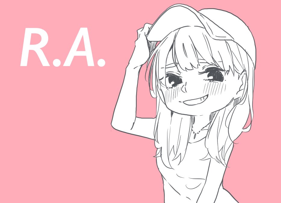 1girl adjusting_clothes adjusting_headwear aida_rikako baseball_cap blush commentary_request greyscale_with_colored_background hat jewelry kashikaze long_hair looking_at_viewer necklace pink_background real_life simple_background smile solo voice_actor