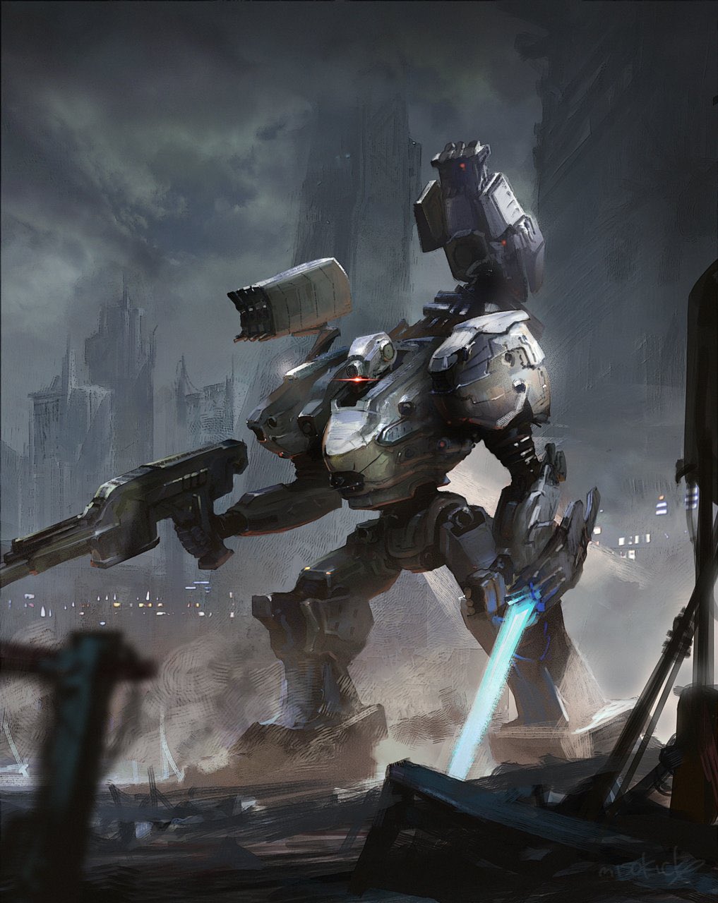 armored_core armored_core_6 clouds cloudy_sky energy_sword full_body glowing glowing_eye grey_sky gun highres holding holding_gun holding_weapon mecha mecha_focus miso_katsu missile_pod no_humans outdoors red_eyes rifle robot science_fiction sky standing sword weapon