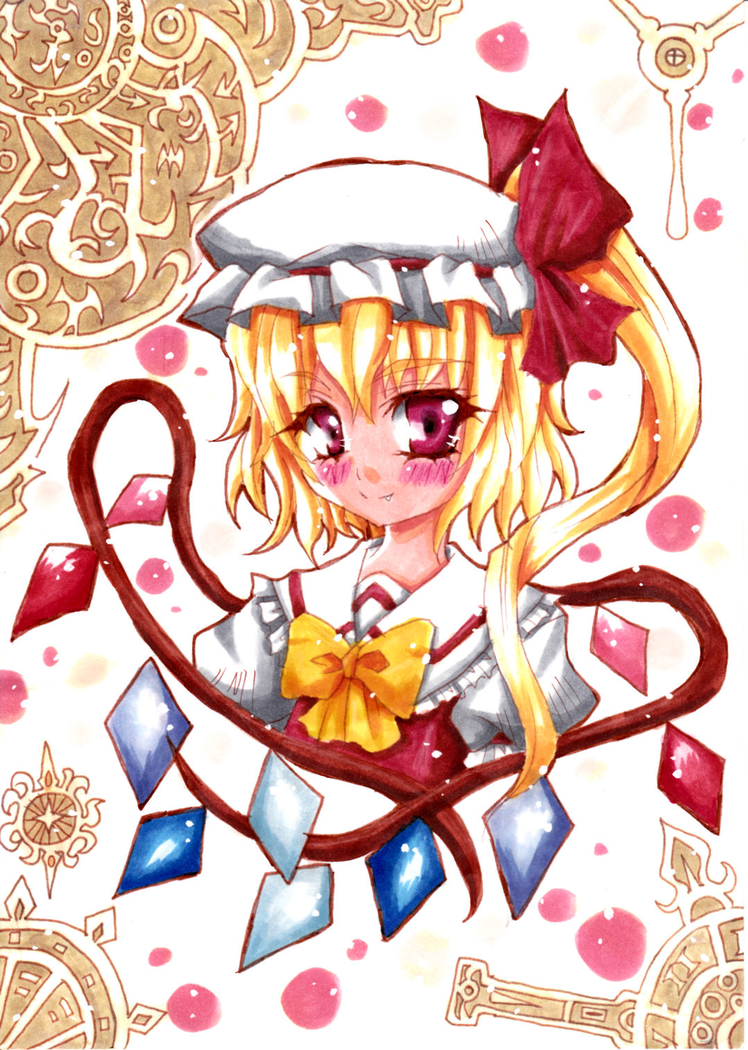 1girl blonde_hair blush bow bowtie closed_mouth collared_shirt cropped_torso flandre_scarlet frilled_shirt_collar frills hair_bow happy hat highres izayoi_gekka light_smile looking_at_viewer mob_cap multicolored_wings one_side_up puffy_short_sleeves puffy_sleeves red_bow red_eyes red_ribbon red_vest ribbon ribbon-trimmed_headwear ribbon_trim shirt short_sleeves solo touhou traditional_media upper_body vest white_headwear white_shirt wings yellow_bow yellow_bowtie
