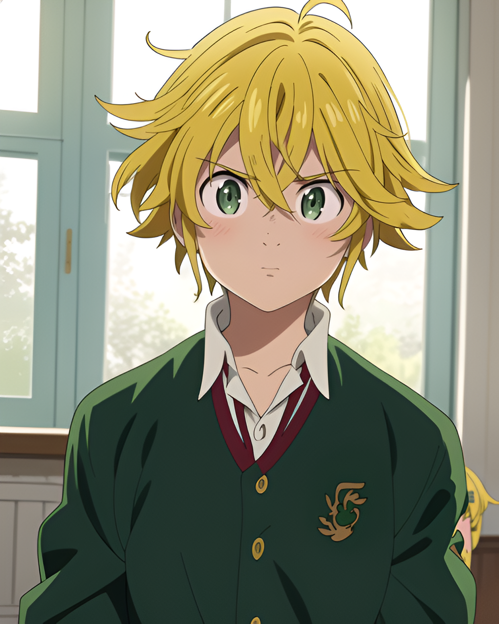 1boy ai-generated blonde_hair green_eyes green_shirt highres male_focus meliodas nanatsu_no_taizai non-web_source shirt