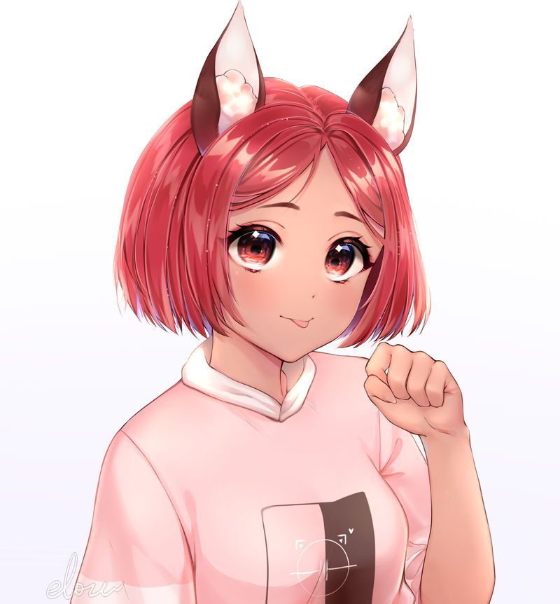1girl :p animal_ear_fluff animal_ears artist_name closed_mouth collar collared_shirt commentary commission dark-skinned_female dark_skin eloru english_commentary eyelashes fox_ears fox_girl looking_at_viewer original paw_pose pink_shirt pink_sleeves red_eyes redhead shirt short_hair short_sleeves simple_background smile solo t-shirt tongue tongue_out upper_body white_background white_collar