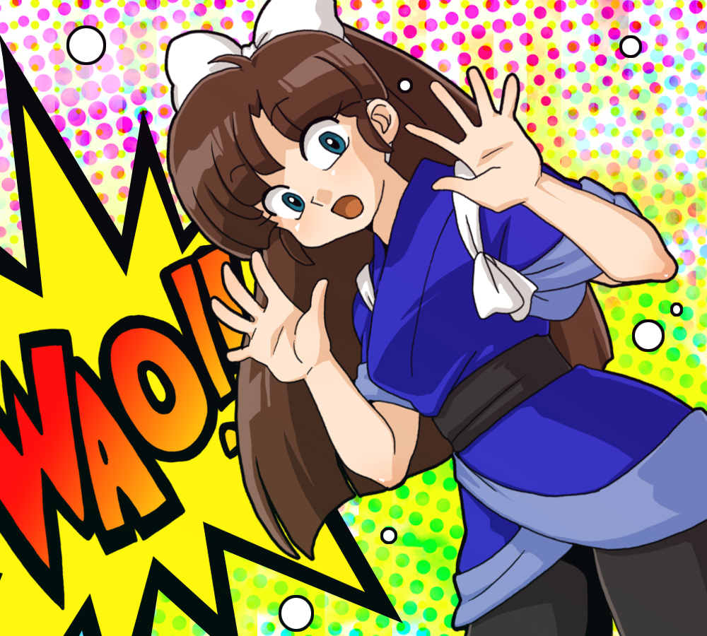 1girl bow breasts brown_hair hair_bow hands_up kuonji_ukyou long_hair looking_at_viewer medium_hair open_mouth parted_bangs polka_dot polka_dot_background ranma_1/2 solo sound_effects standing wanta_(futoshi) white_bow