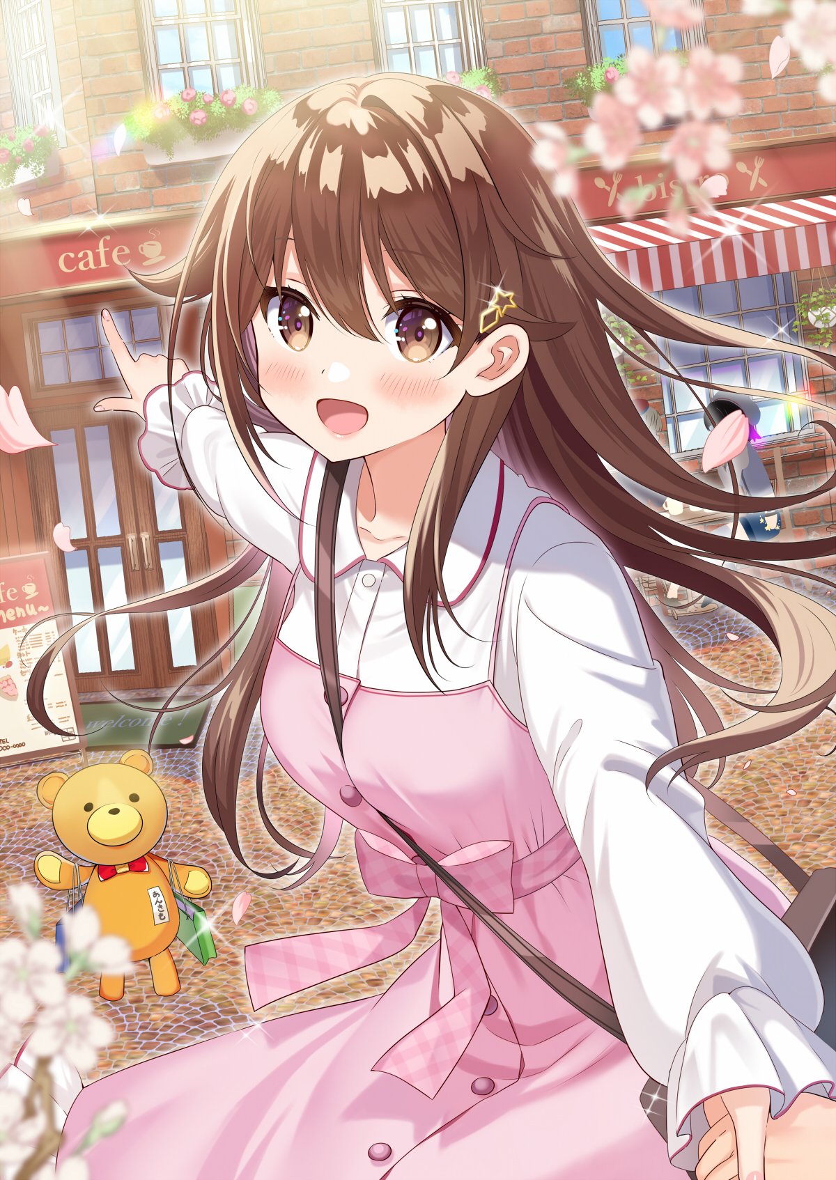 1girl ankimo_(tokino_sora) bag blush breasts brown_eyes brown_hair cafe collared_shirt commission dress falling_petals hair_ornament highres holding_hands hololive long_hair open_mouth outdoors petals pinafore_dress pink_dress pink_petals piyopoyo plant pointing pov shirt shopping_bag skeb_commission sleeveless sleeveless_dress star_(symbol) star_hair_ornament stuffed_animal stuffed_toy teddy_bear tokino_sora virtual_youtuber white_shirt window