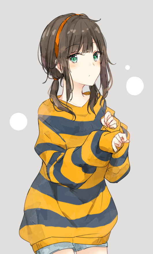 1girl black_sweater blue_shorts brown_hair closed_mouth cowboy_shot expressionless green_eyes grey_background hairband looking_at_viewer low_twintails orange_hairband original shiina_kuro shorts simple_background sleeves_past_wrists solo striped striped_sweater sweater twintails two-tone_sweater yellow_sweater