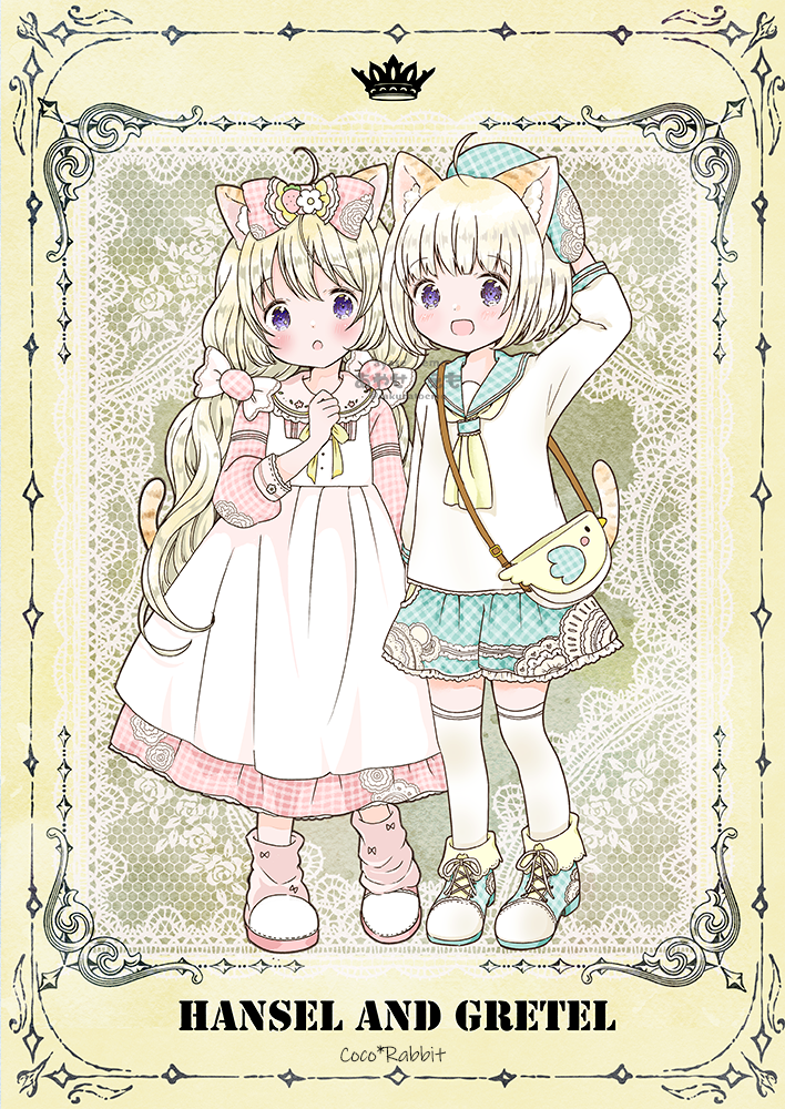 2girls adjusting_clothes adjusting_headwear ahoge animal_ear_fluff animal_ears aqua_footwear aqua_headwear aqua_sailor_collar aqua_skirt arm_up artist_name bag beret black_border blush border bow buttoned_cuffs cat_ears cat_girl cat_tail collared_dress commentary_request copyright_name cross-laced_footwear crown cuff_links doily dress emo_(mikan) flower food-themed_hair_ornament frilled_dress frills full_body grey_background hair_bow hair_flower hair_ornament hand_on_own_chest handbag hansel_and_gretel hat lace_background long_sleeves looking_at_viewer loose_socks multiple_girls neck_ribbon neckerchief open_mouth original ornate_border over-kneehighs partial_commentary pink_bow pink_dress pink_footwear pink_socks plaid plaid_bow plaid_dress plaid_headwear plaid_sailor_collar plaid_skirt print_skirt ribbon sailor_collar shirt shoes skirt sleeve_cuffs socks standing stencil_lettering strawberry_hair_ornament tail thigh-highs two-tone_footwear violet_eyes watermark white_dress white_flower white_footwear white_hair white_neckerchief white_shirt yellow_ribbon