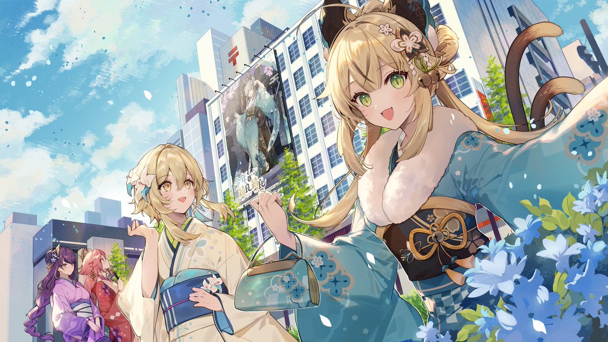 4girls alternate_costume bag bell blonde_hair blue_bag blue_flower blue_kimono blue_sky braid building cat_tail clouds cloudy_sky commentary_request flower from_side fur-trimmed_kimono fur_trim genshin_impact green_eyes hair_bell hair_ornament handbag japanese_clothes kimono kirara_(genshin_impact) long_hair long_sleeves looking_at_viewer looking_up lumine_(genshin_impact) multiple_girls multiple_tails necomi obi obiage open_mouth outdoors parted_bangs pink_hair purple_hair raiden_shogun red_kimono sash short_hair_with_long_locks single_braid sky slit_pupils smile tail two_tails upper_body very_long_hair violet_eyes wide_sleeves yae_miko yellow_eyes yellow_kimono