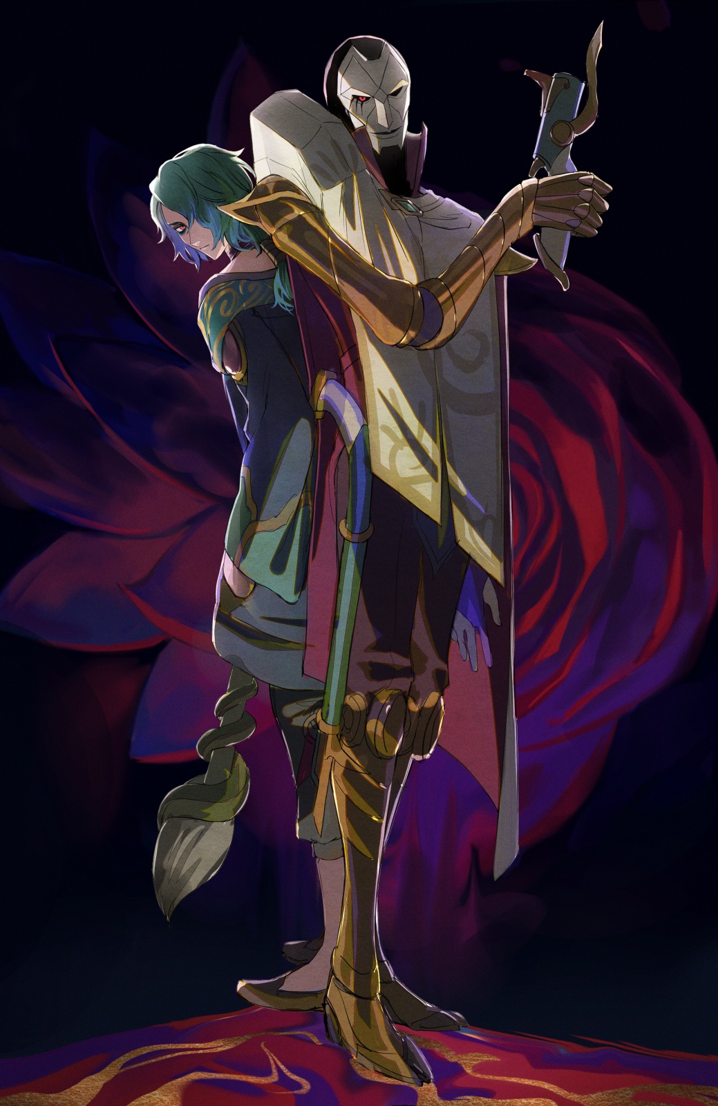 2boys closed_mouth green_hair gun hair_over_one_eye highres holding holding_brush holding_gun holding_weapon hwei_(league_of_legends) imone_illust jhin league_of_legends long_hair long_sleeves looking_at_viewer male_focus mask mechanical_arms multiple_boys ponytail red_eyes single_mechanical_arm standing violet_eyes weapon