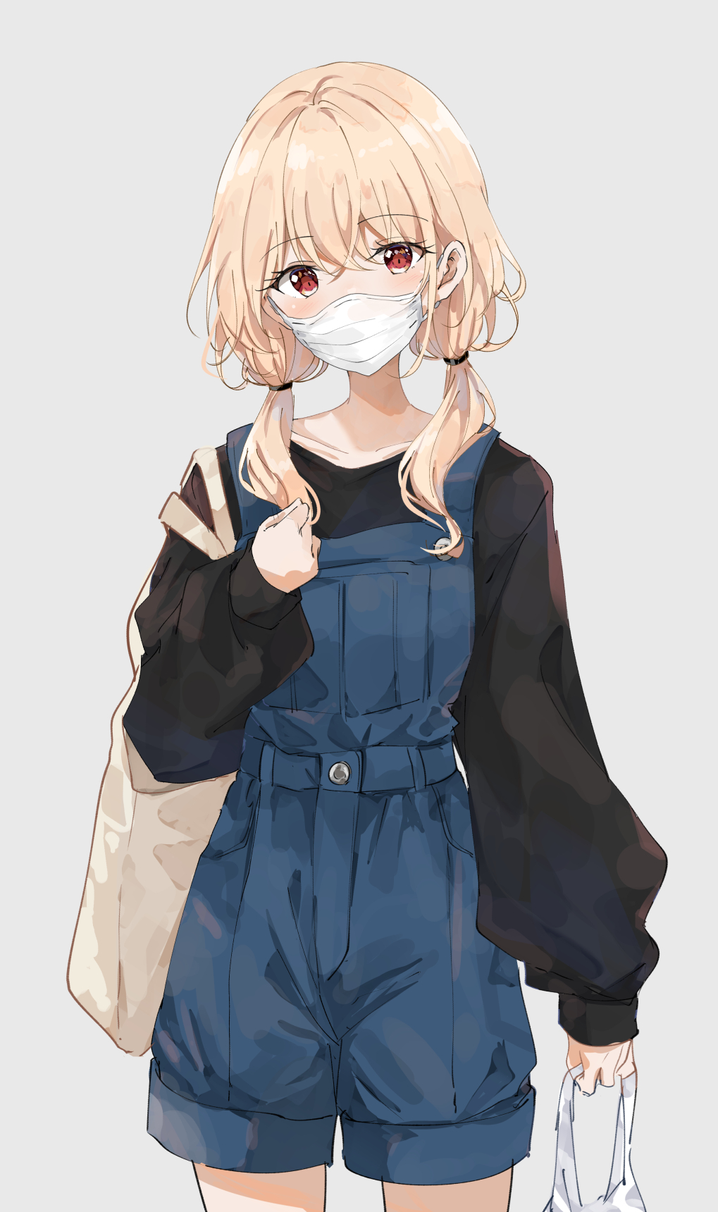 1girl bag black_sweater blonde_hair blue_overalls cowboy_shot highres holding holding_bag light_blush long_sleeves looking_at_viewer low_twintails mask medium_hair mouth_mask original overalls red_eyes shiina_kuro shopping_bag simple_background solo surgical_mask sweater twintails white_background white_mask