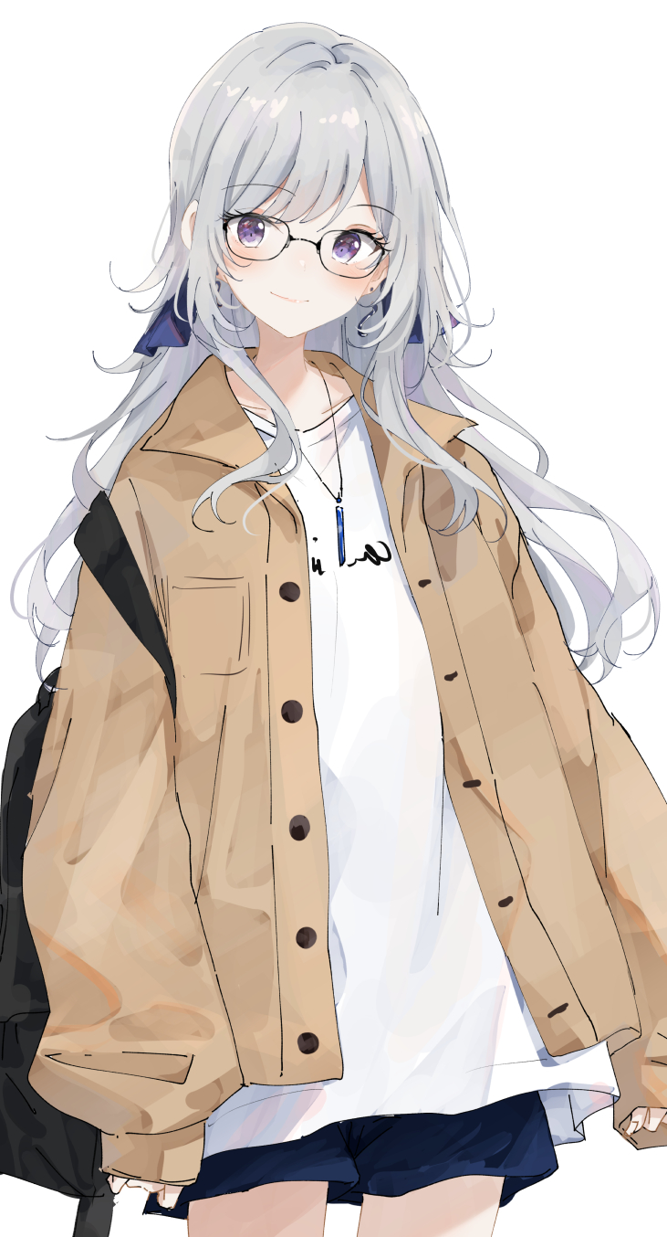 1girl backpack bag black_bag blue_shorts brown_jacket closed_mouth cowboy_shot glasses highres jacket jewelry long_hair looking_at_viewer necklace open_clothes open_jacket original shiina_kuro shirt shorts simple_background sleeves_past_wrists smile solo violet_eyes white_background white_hair white_shirt