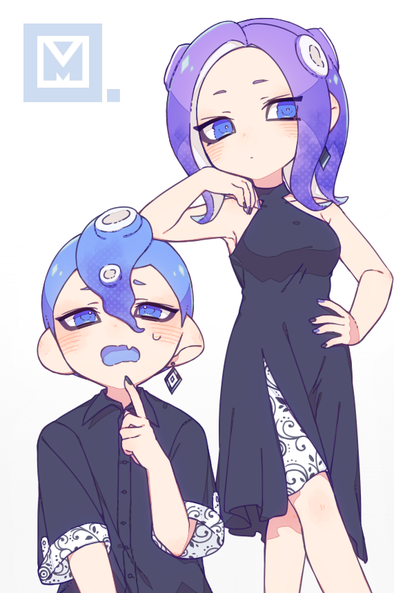 1boy 1girl arm_rest black_dress black_shirt blue_eyes blue_hair breasts closed_mouth commentary dot_mouth dress earrings hand_on_own_hip inuowour jewelry medium_hair octoling octoling_boy octoling_girl open_mouth purple_hair purple_nails shirt short_hair side_slit simple_background single_earring sleeveless sleeveless_dress splatoon_(series) standing symbol-only_commentary tentacle_hair white_background
