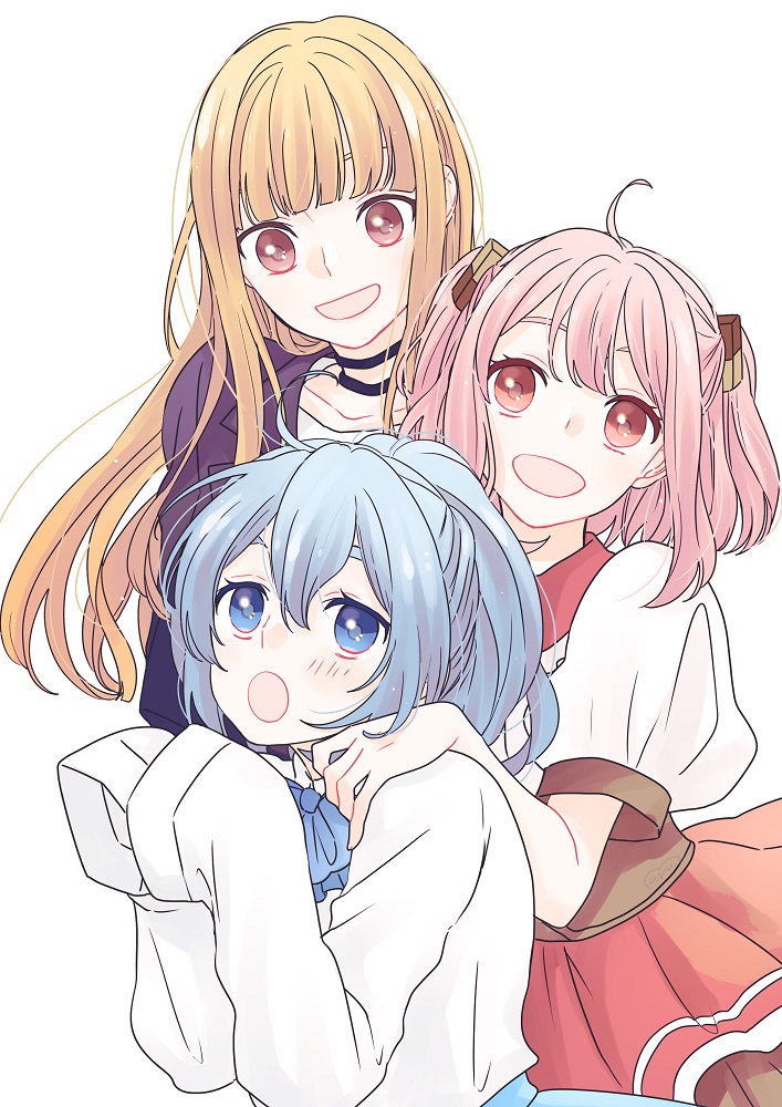 3girls :d :o black_choker blonde_hair blue_eyes blue_hair choker collarbone collared_shirt copyright_request eyebrows_hidden_by_hair hair_between_eyes hand_on_another's_shoulder hands_up jacket long_hair maru_(memoriatechnica) multiple_girls pink_hair pleated_skirt puffy_short_sleeves puffy_sleeves purple_jacket red_eyes red_skirt shirt short_sleeves simple_background skirt sleeves_past_fingers sleeves_past_wrists smile thick_eyebrows two_side_up very_long_hair white_background white_shirt
