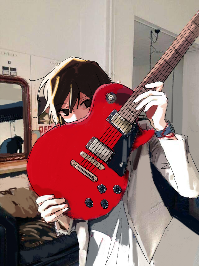 1other alternate_costume black_eyes black_hair chinese_commentary commentary_request couch covered_mouth doorway guitar h9ef3d holding holding_guitar holding_instrument indoors instrument jacket len'en living_room long_sleeves looking_at_viewer mirror open_clothes open_jacket other_focus poster_(object) senri_tsurubami shirt short_hair solo upper_body white_jacket white_shirt white_sleeves