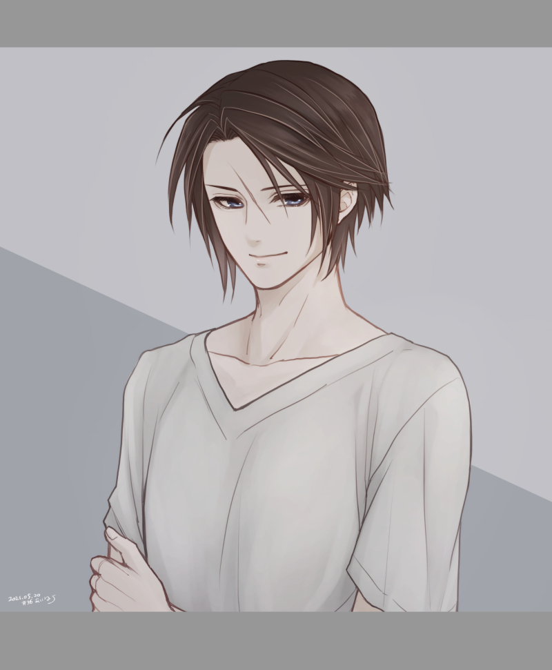 1boy blue_eyes brown_hair cropped_torso dated final_fantasy final_fantasy_viii grey_background hand_on_own_arm hiryuu_(kana_h) male_focus no_gloves no_jacket scar scar_on_face shirt short_hair signature simple_background solo squall_leonhart upper_body v-neck white_shirt