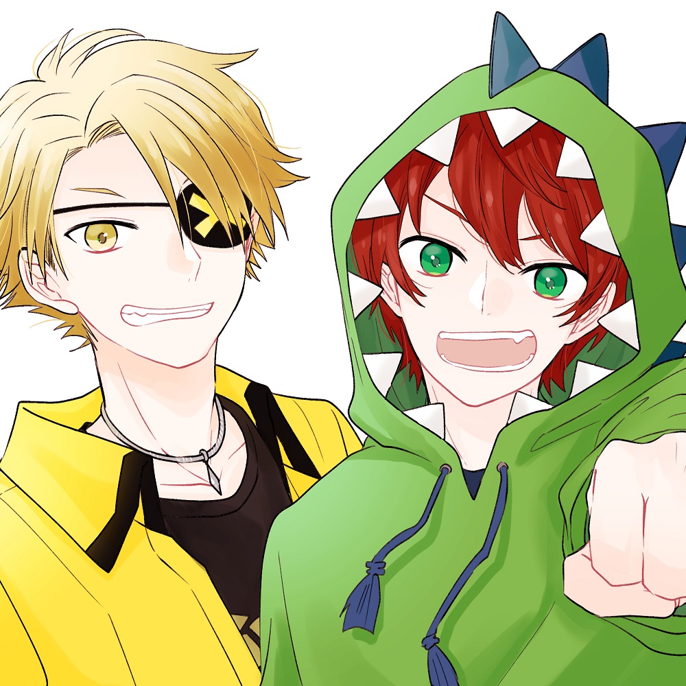 2boys :d black_shirt blonde_hair clenched_hand collarbone copyright_request drawstring eyebrows_hidden_by_hair eyepatch fang green_eyes green_hoodie grin hair_over_one_eye hood hood_up hoodie jacket long_sleeves looking_at_viewer male_focus maru_(memoriatechnica) multiple_boys open_clothes open_jacket outstretched_arm redhead shirt simple_background smile upper_body white_background yellow_jacket