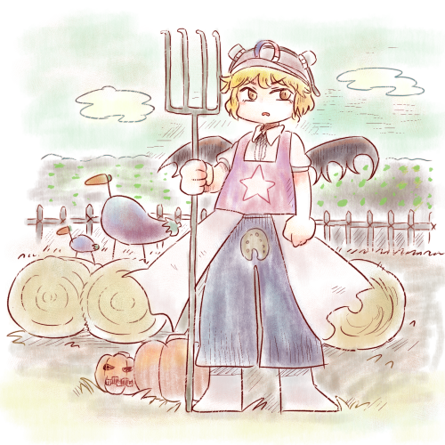 1other androgynous blonde_hair blue_pants brown_eyes chikafumikou collared_shirt day eggplant farm full_body grey_headwear hay_bale helmet holding holding_pitchfork jack-o'-lantern len'en lowres magnet open_mouth other_focus outdoors pants pitchfork puffy_short_sleeves puffy_sleeves pumpkin purple_vest shirt short_hair short_sleeves solo thigh-highs umatachi_tsugumi vest white_shirt wings