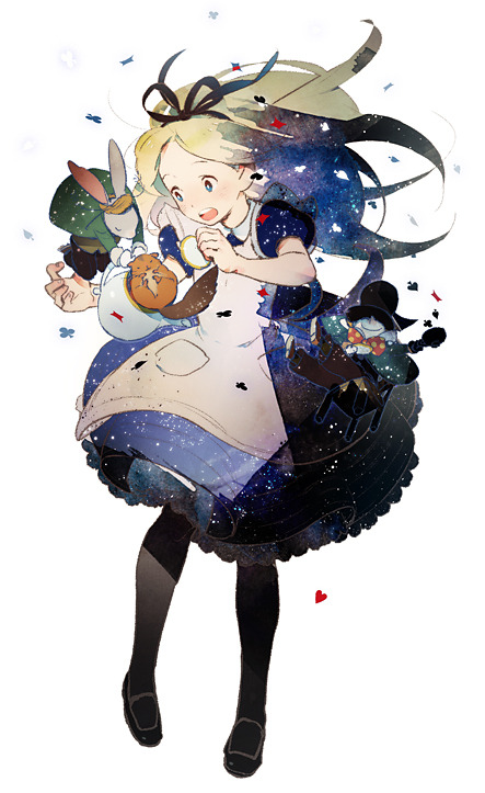 1girl 21grams-a alice_(alice_in_wonderland) alice_in_wonderland animification apron black_footwear black_headwear black_pants black_pantyhose black_ribbon blonde_hair blue_coat blue_dress blue_eyes blue_sleeves bow bowtie brown_headband brown_shirt club_(shape) coat collar collared_dress commentary_request diamond_(shape) dress eyelashes food full_body green_coat green_sleeves hair_lift hair_ribbon hat headband heart holding holding_food holding_pocky holding_teapot lace-trimmed_dress lace_trim long_hair long_sleeves looking_at_animal looking_at_another mary_janes open_clothes open_coat open_mouth oversized_object pants pantyhose pocket pocky polka_dot_bowtie puffy_short_sleeves puffy_sleeves rabbit red_bow red_bowtie ribbon shirt shoes short_dress short_sleeves simple_background smile snowman solo spade_(shape) squirrel teapot teeth top_hat traditional_bowtie upper_teeth_only white_apron white_background white_collar white_rabbit_(alice_in_wonderland)