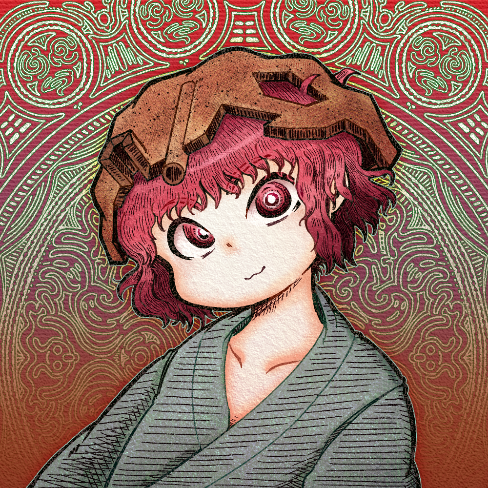 1other :3 androgynous blue_kimono brown_headwear chikafumikou closed_mouth collarbone commentary head_tilt helmet japanese_clothes katano_sukune kimono len'en looking_at_viewer other_focus portrait red_eyes redhead short_hair solo