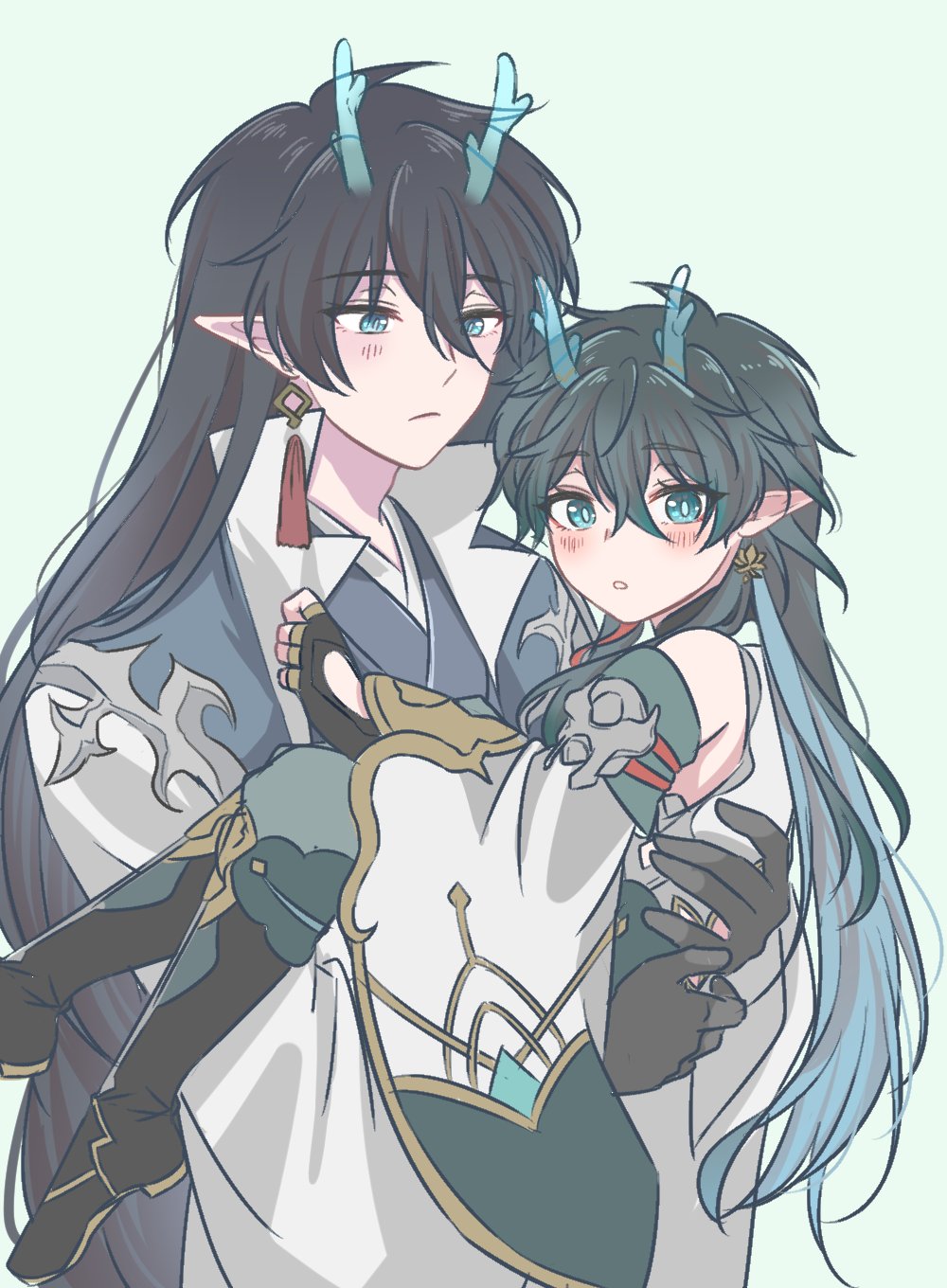 2boys aged_down aqua_eyes aqua_hair aqua_horns back_cutout bare_shoulders black_footwear black_gloves black_hair blue_kimono blush boots bright_pupils carrying child closed_mouth clothing_cutout collared_jacket collared_shirt colored_inner_hair dan_feng_(honkai:_star_rail) dan_heng_(honkai:_star_rail) dan_heng_(imbibitor_lunae)_(honkai:_star_rail) detached_sleeves earrings fingerless_gloves flower_earrings frown gloves green_pants hair_between_eyes hand_on_another's_chest high_collar highres honkai:_star_rail honkai_(series) horn_ornament horns jacket japanese_clothes jewelry kimono knee_boots lapels long_hair long_sleeves looking_at_another male_focus mororo1357 multicolored_hair multiple_boys open_clothes open_jacket pants parted_lips pointy_ears princess_carry shirt simple_background tassel tassel_earrings translucent_horns white_jacket white_pupils wide_sleeves
