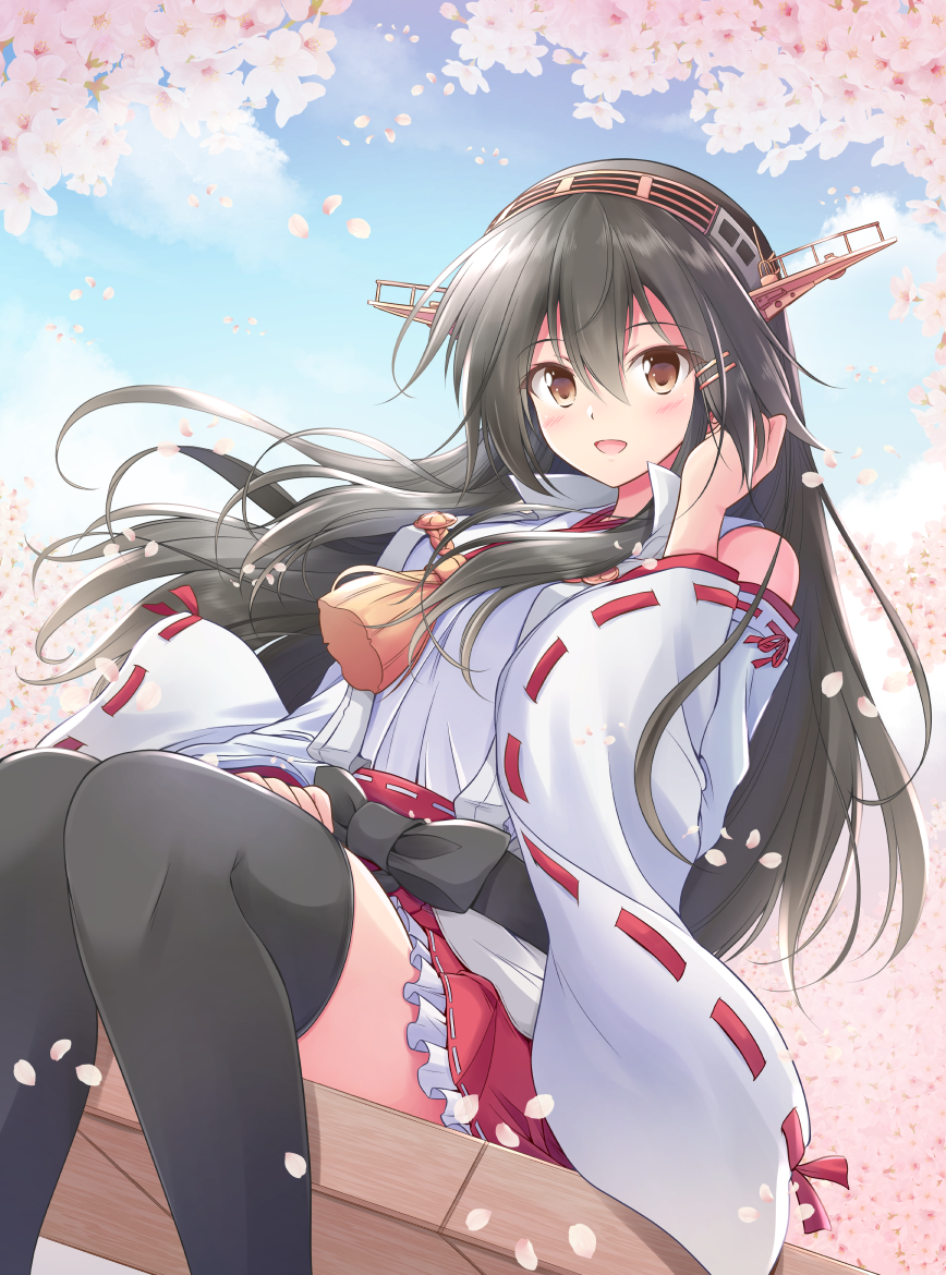 1girl bench black_hair boots brown_eyes cherry_blossoms commission detached_sleeves dutch_angle feet_out_of_frame frilled_skirt frills hair_ornament hairband hairclip haruna_(kancolle) haruna_kai_ni_(kancolle) headgear japanese_clothes kantai_collection long_hair nontraditional_miko popped_collar red_skirt ribbon-trimmed_sleeves ribbon_trim shizuna_kaede sitting skeb_commission skirt solo thigh-highs thigh_boots