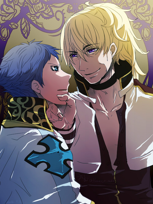 2boys arch_bishop_(ragnarok_online) bags_under_eyes black_choker black_shirt blonde_hair blue_eyes blue_hair buttons capelet choker commentary_request cross flowery_peko hair_between_eyes hand_on_own_chin long_bangs long_hair looking_at_another male_focus multiple_boys official_alternate_costume open_mouth ragnarok_online shirt short_bangs smile upper_body v-shaped_eyebrows violet_eyes white_capelet