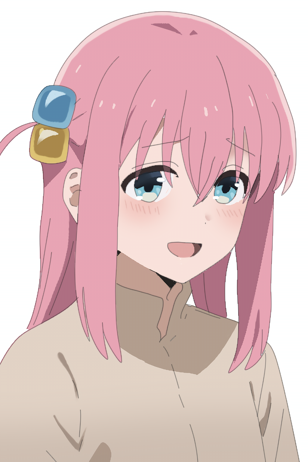 1girl blue_eyes blush bocchi_the_rock! crossed_bangs cube_hair_ornament gotoh_hitori hair_between_eyes hair_ornament highres ibispaint long_hair long_sleeves looking_at_viewer non-web_source open_mouth pink_hair self-upload side_ahoge simple_background smile solo upper_body white_background