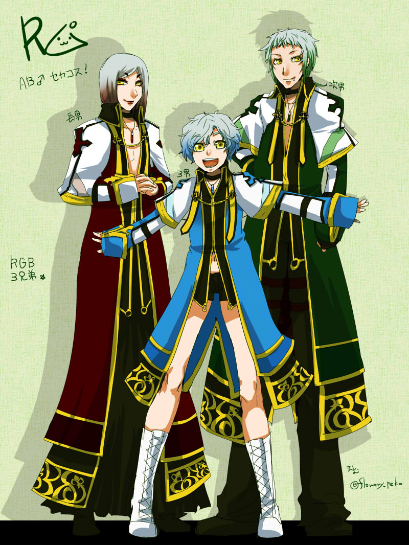 3boys 3girls arch_bishop_(ragnarok_online) bishounen black_pants black_shirt black_shorts blue_coat boots capelet choker closed_mouth coat commentary_request copyright_name cross-laced_footwear flowery_peko full_body gold_trim gradient_hair green_background green_coat grey_hair lips long_sleeves looking_at_viewer male_focus medium_bangs multicolored_hair multiple_boys multiple_girls navel official_alternate_costume open_clothes open_coat open_mouth pants poring ragnarok_online red_coat redhead shadow shirt short_bangs short_hair shorts smile standing swept_bangs teeth translation_request white_capelet white_footwear yellow_eyes