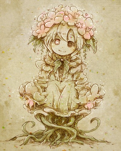 1girl arms_at_sides closed_mouth commentary_request dated_commentary dot_nose dress flower frilled_dress frilled_sleeves frills full_body head_tilt limited_palette long_sleeves looking_at_viewer lowres medium_hair mismatched_pupils monster_girl original pink_eyes pink_flower plant_girl rakuni scylla smile solo straight-on tentacles