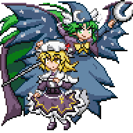 2girls blonde_hair blue_dress blue_headwear closed_mouth commentary_request dress full_body green_hair hat holding holding_staff long_hair looking_at_viewer looking_back lowres maribel_hearn mima_(touhou) mob_cap multiple_girls pixel_art purple_dress reimufate simple_background smile staff touhou touhou_(pc-98) touhou_lost_word touhou_ningyougeki white_background white_headwear wings yellow_eyes