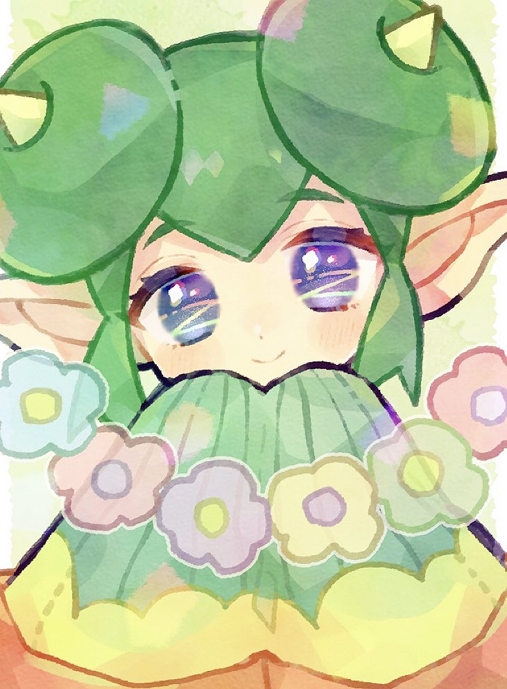 1girl blue_eyes blush closed_mouth doradorakingyo double_bun eyelashes flower green_hair hair_bun horns lidelle_(puyopuyo) looking_at_viewer pointy_ears puyopuyo puyopuyo_fever short_hair sleeves_past_fingers sleeves_past_wrists smile solo very_long_sleeves yellow_horns