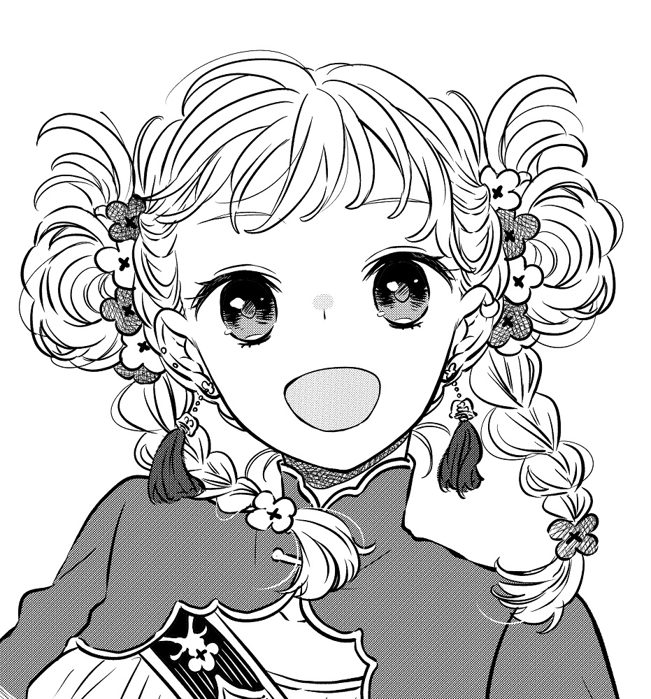 1girl :d braid chinese_clothes collarbone earrings flower greyscale hair_flower hair_ornament jewelry looking_at_viewer maru_(memoriatechnica) monochrome original simple_background smile solo twin_braids twintails upper_body white_background
