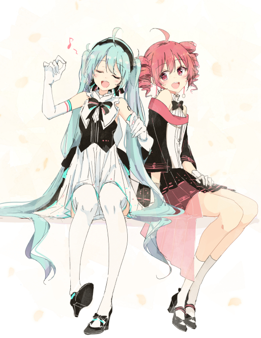2girls :d ahoge aqua_hair black_bow black_bowtie black_footwear black_skirt blush bow bowtie closed_eyes commentary detached_sleeves dress drill_hair elbow_gloves full_body gloves hatsune_miku high_heels invisible_chair kasane_teto looking_at_another multiple_girls musical_note open_mouth red_eyes redhead shiina_kuro simple_background sitting skirt smile symbol-only_commentary thigh-highs twin_drills twintails white_background white_dress white_gloves white_thighhighs